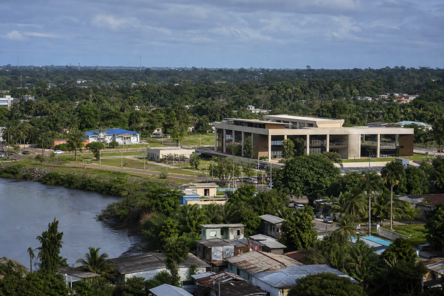 Vista ilustrativa de Oiapoque, no Amapá, com paisagem urbana e elementos que representam educação superior e desenvolvimento regional