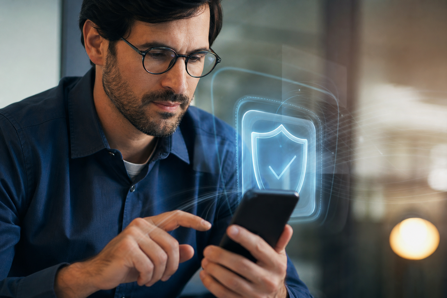Pessoa usando celular para visualizar anúncio financeiro enquanto elemento visual de proteção representa segurança contra fraudes