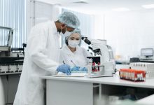 Dois pesquisadores trabalham juntos em um laboratório, utilizando microscópios e outros equipamentos científicos.